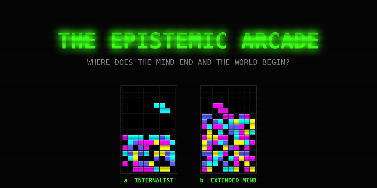 Two retro Tetris boards side by side — the Epistemic Arcade's internalist and extended-mind agents