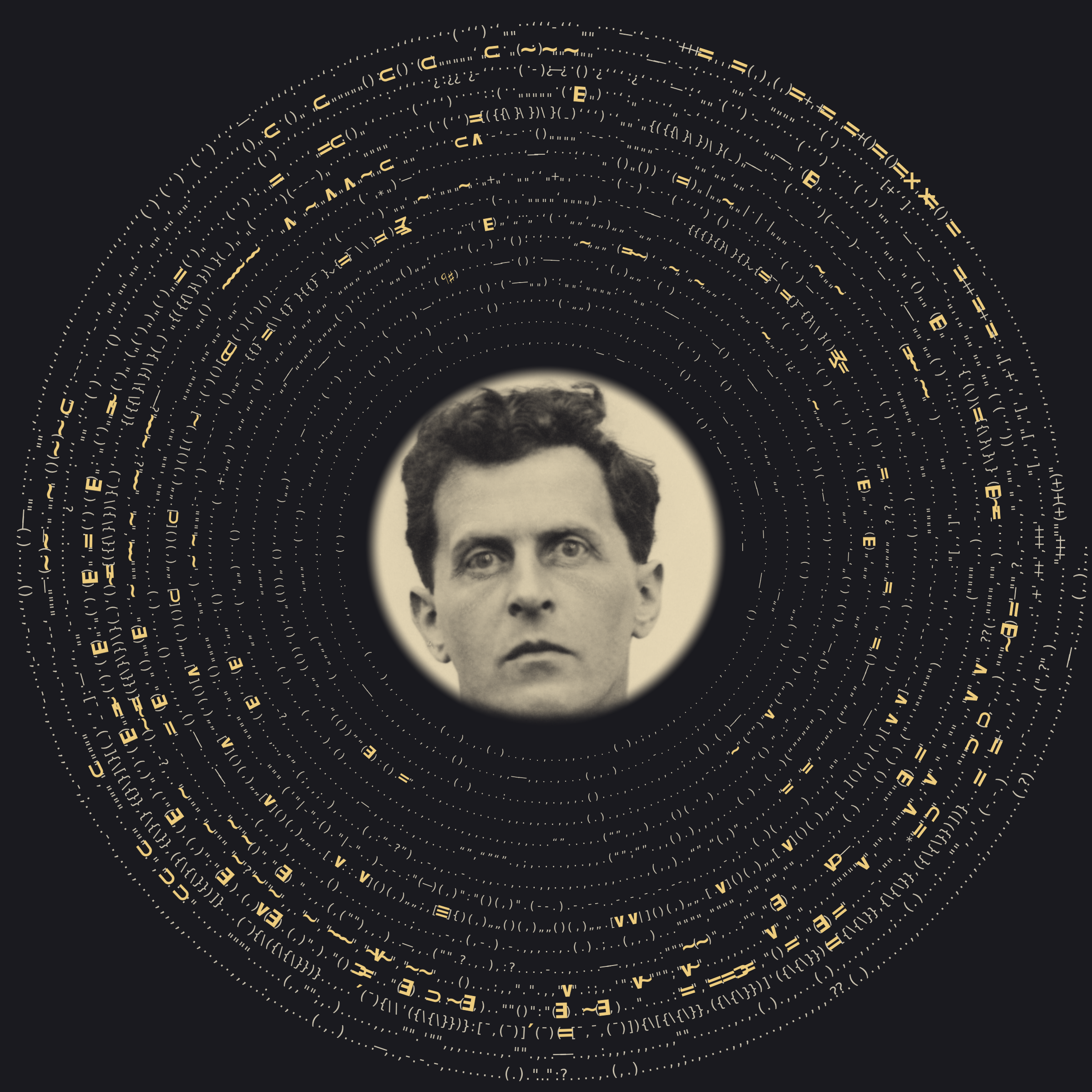 An Archimedean spiral of every punctuation mark and logical
                  sign of the Tractatus, in text order, wound around an engraved
                  portrait of Wittgenstein; logical and mathematical symbols
                  picked out in gold.